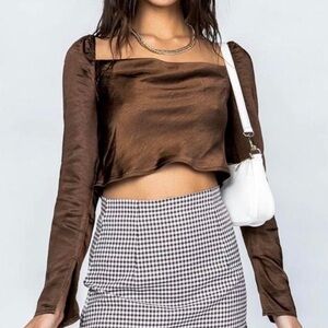 Princess Polly Brown Satin Long Sleeve Crop Top - Size 6